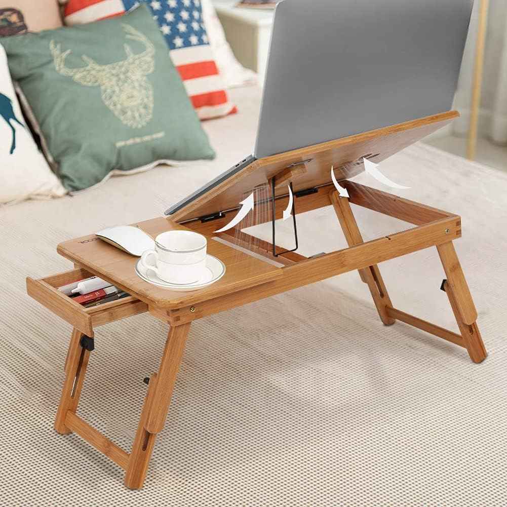 Bamboo Folding Laptop Desk – Adjustable Bed Tray with Drawer, Cup Slot & Vent