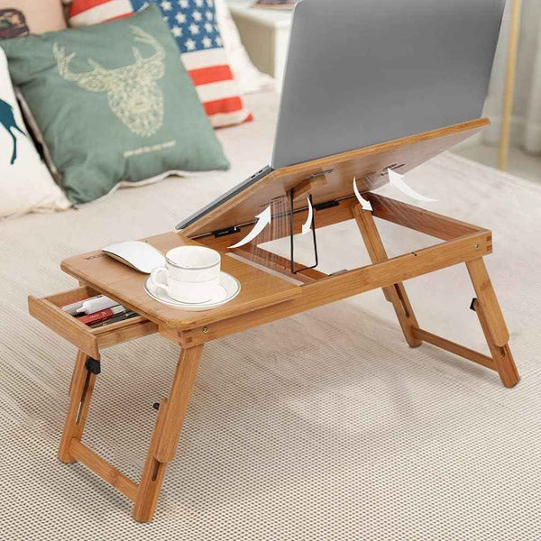 Bamboo Folding Laptop Desk – Adjustable Bed Tray with Drawer, Cup Slot & Vent