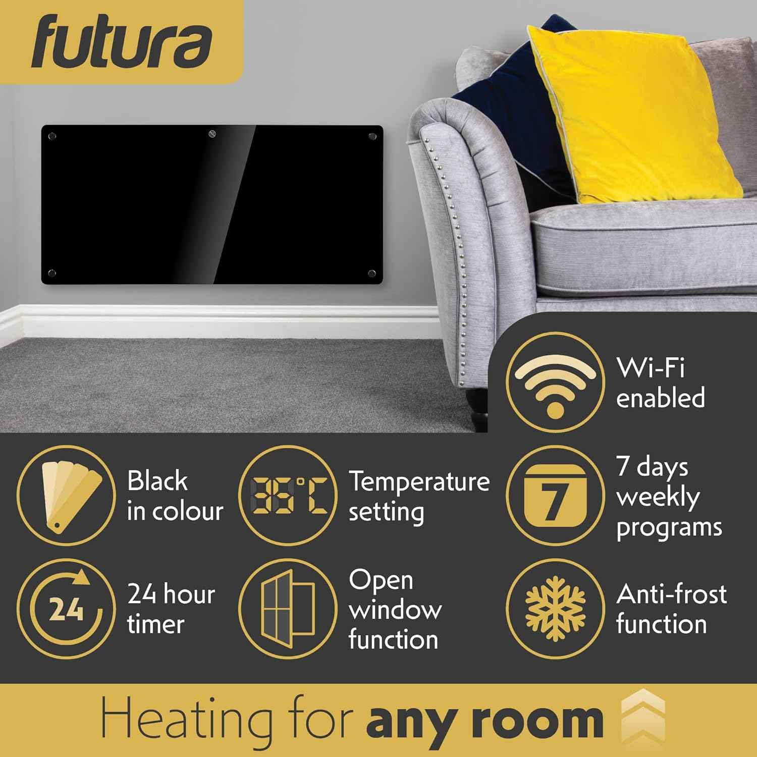 2000W Black Glass WIFI Smart Electric Radiator Heater with Thermostat Futura