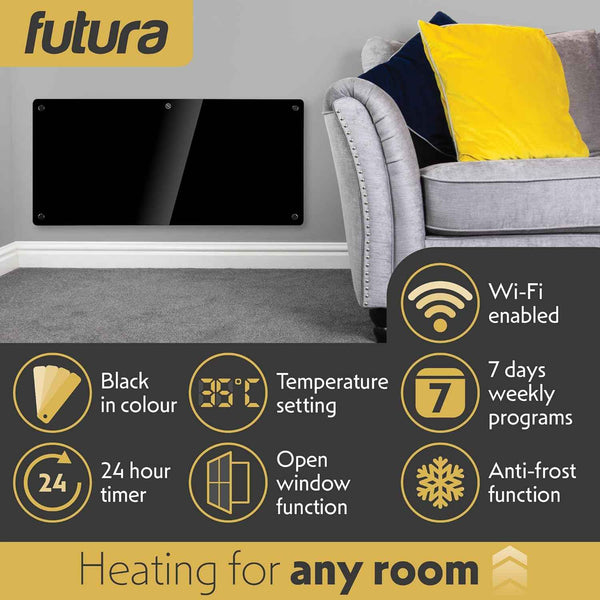 2000W Black Glass WIFI Smart Electric Radiator Heater with Thermostat Futura