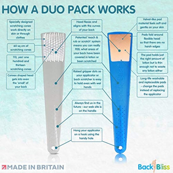 British Made Easy Reach Lotion Applicator for Back with Back Scratcher by BackBliss for Men and Women Clear/Blue
