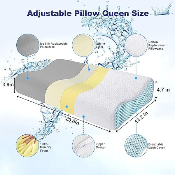 PKBD Memory Foam Pillow with Replacement Pillowcase(Cooling Ice Silk&Cotton),Neck/Shoulder Pain Relief,Ergonomic Orthopedic Cervical Pillow,Bed Pillow for Side,Back,Stomach Sleepers