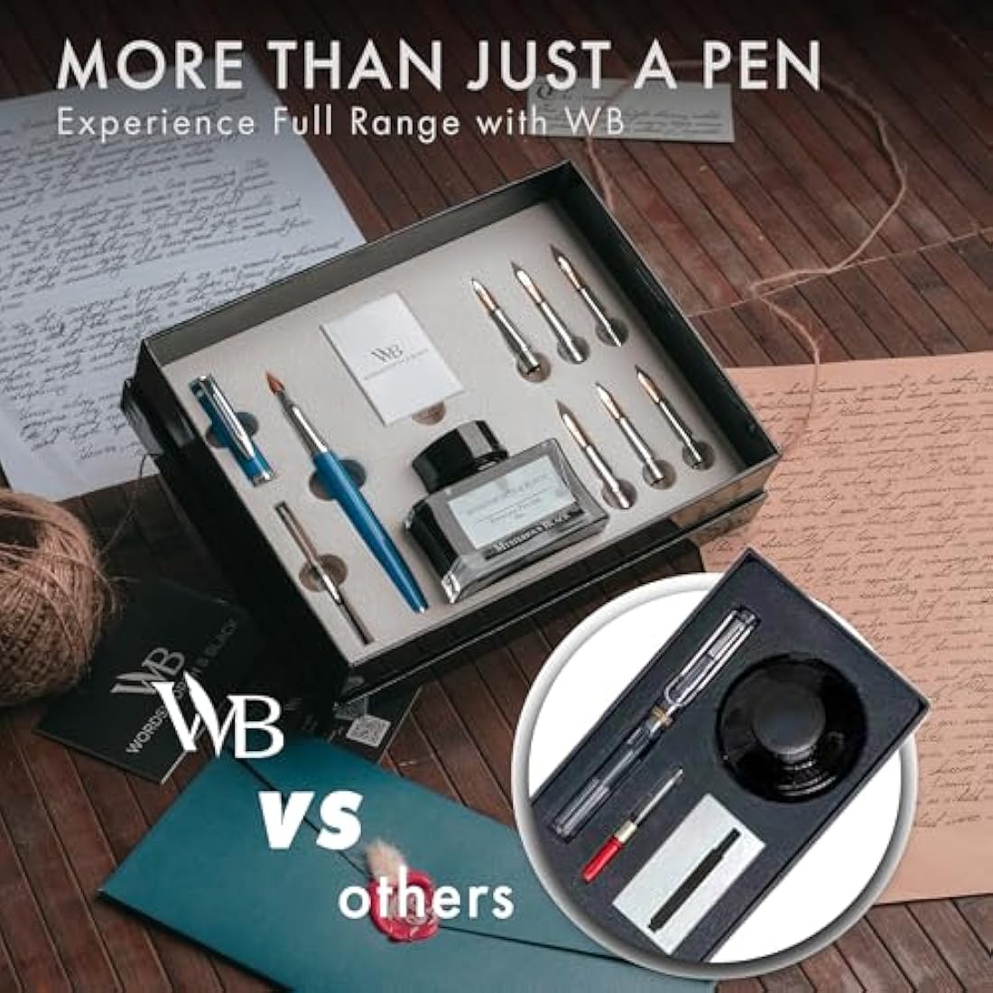 Wordsworth & Black Calligraphy Pen Gift Set, Includes Ink Bottle, 6 Ink Cartridges, Ink Refill Converter, 6 Replacement Nibs, Premium Package, Journaling, Smooth Writing Pens [Blue Chrome]