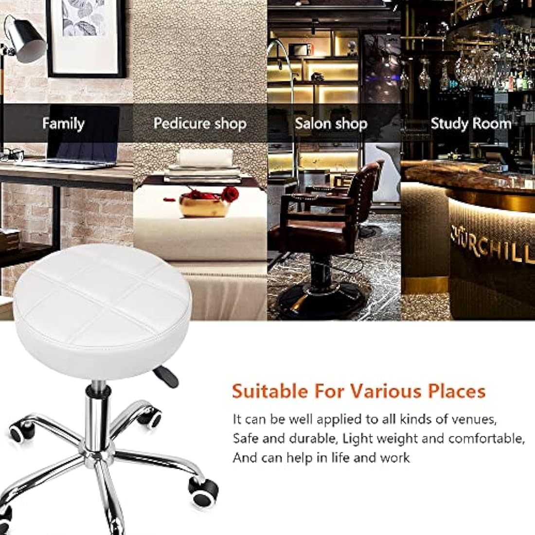 KKTONER Round Rolling Stool Chair PU Leather Height Adjustable Shop Stool Swivel Drafting Work SPA Salon Stools with Wheels Office Chair (White)