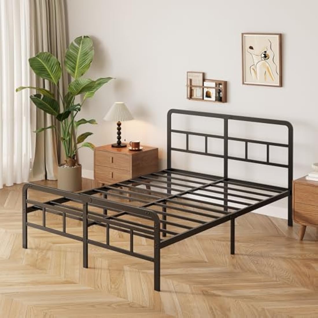 Yicensen Double Bed Frame with Curved Headboard and Footboard 135x190 cm, Black Double Platform Bed with Heavy Metal Slats for Stable Support, No Box Spring Needed, Noise Free, Easy Assembly