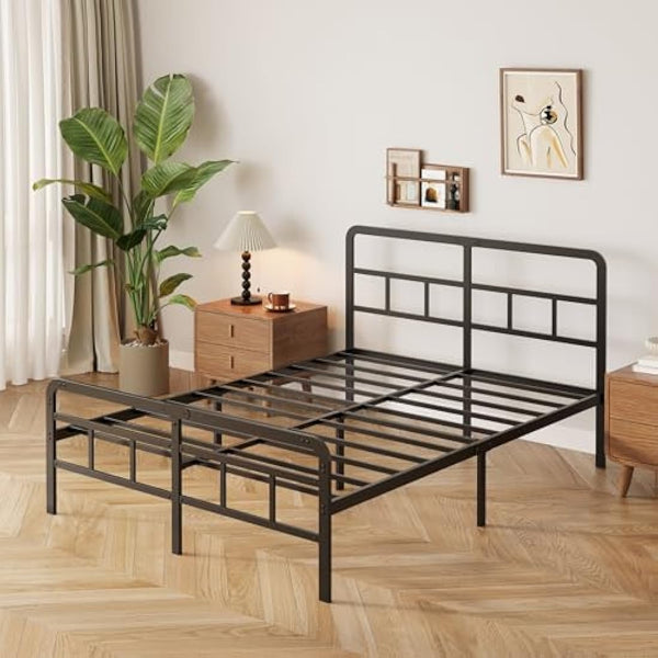 Yicensen Small Double Bed Frame with Headboard and Footboard 120x190 cm, Black Small Double Platform Bed with Heavy Metal Slats for Stable Support, No Box Spring Needed, Noise Free, Easy Assembly