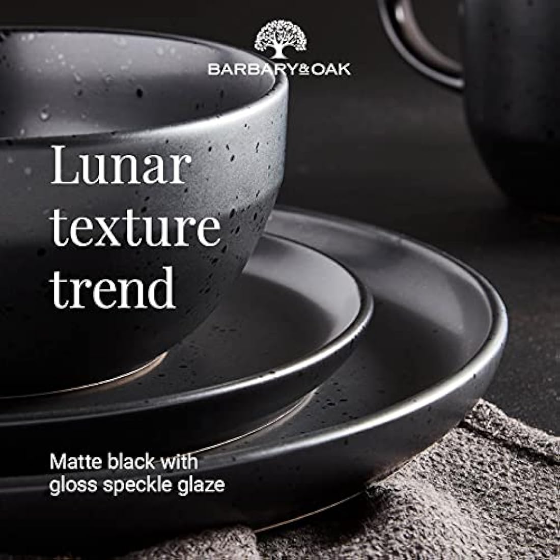 Barbary & Oak BO867005BLK Luna 16 Piece Dinnerware Set, Stoneware, Matte Black with Gloss Speckle