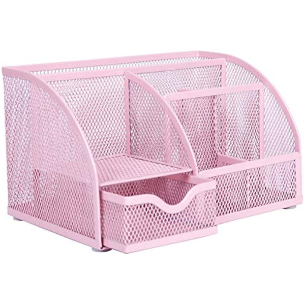 EXERZ Desk Organiser/Mesh Desk Tidy Caddy/Pencil Holder Multifunctional with 7 Compartments- Light Pink