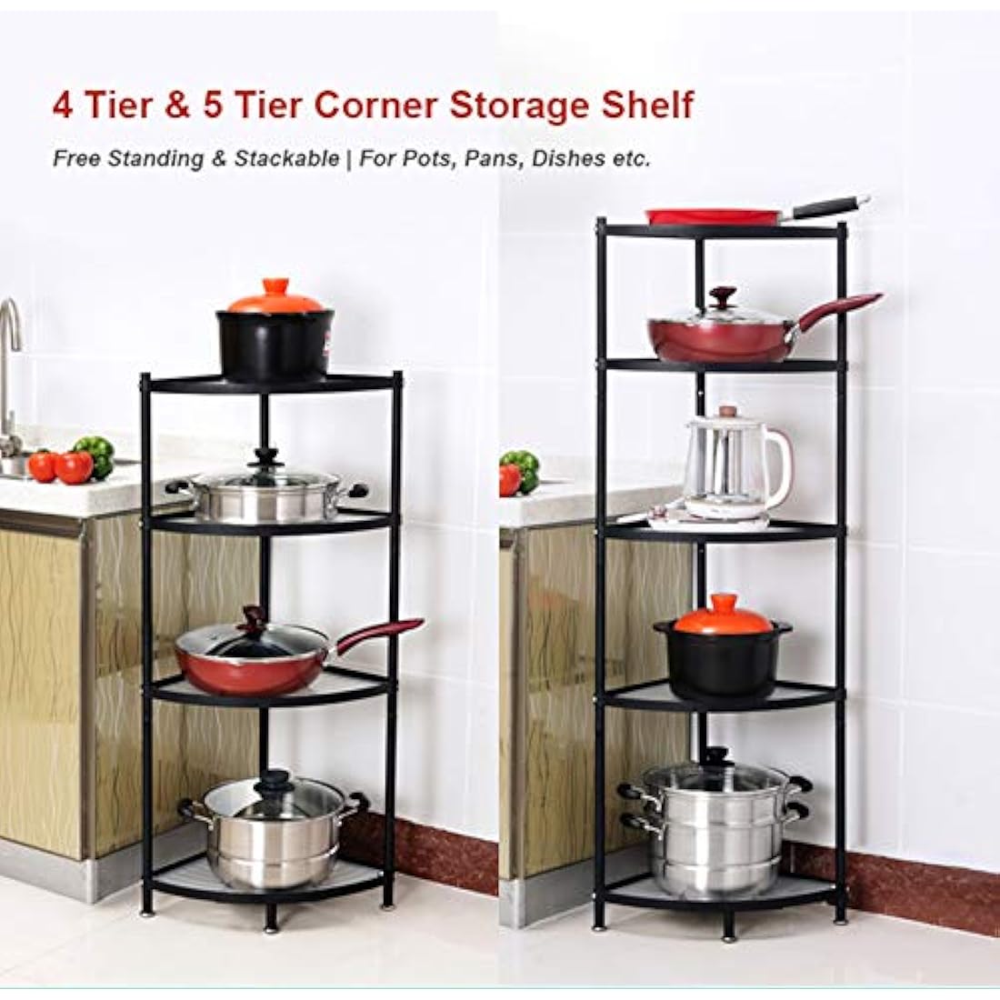 CarolynDesign Kitchen Corner Shelf Stand - Height Adjustable Storage Rack, Countertop Pot Holder, Stackable Multi-Layer Freestanding Metal Storage, Black (5-Tier)