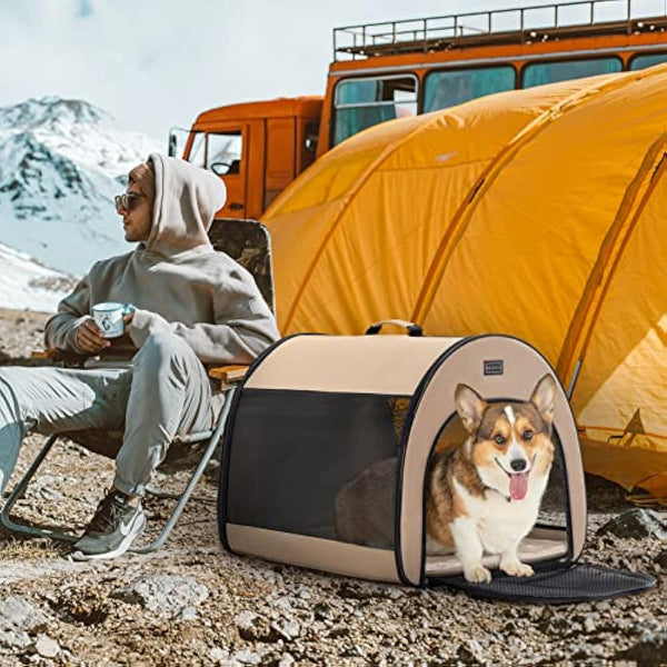 PETSFIT Portable Dog Crate, Travel Dog Crate - 19 Inch Lightweight, Roomy, Easy to Set Up, Portable Pop Up Dog Carrier with Thick Mat, Sturdy Collapsible Dog Kennel, Khaki