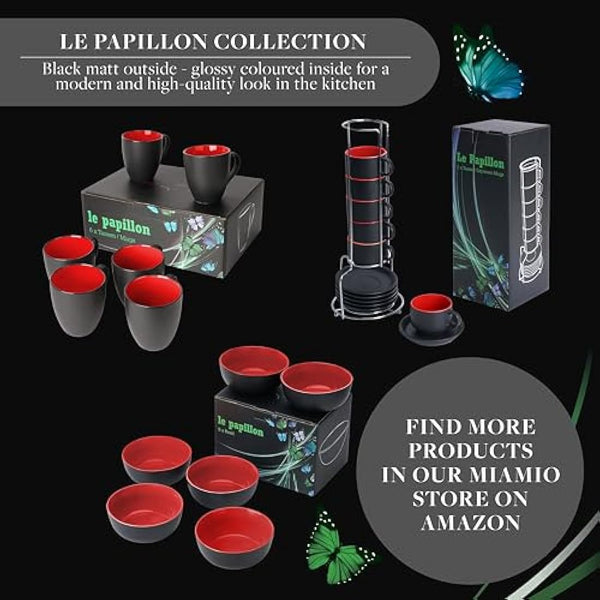 MIAMIO - 6 x 350 ml Stoneware Coffee Mug/Cup Set - Le Papillon Collection (Red)