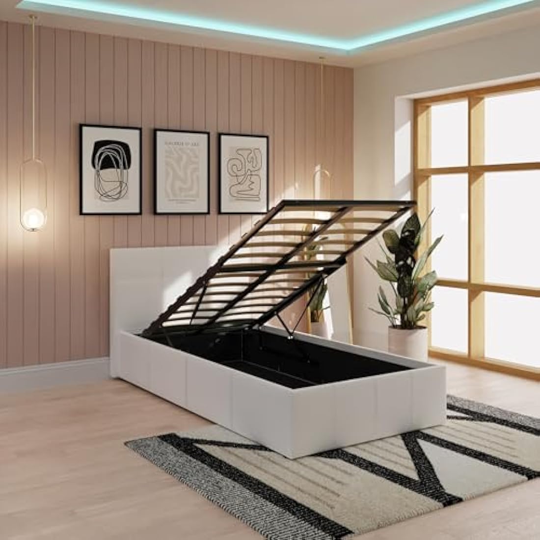 GFW Classic Leather Upholstered Ottoman Storage Bed With Gas End Lift & Under Bed Storage, Single, Faux Leather, White