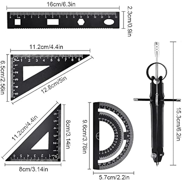 YAANBUNB 6 Pcs Geometry Set Aluminum Alloy Ruler Set Geometry Compass Set Math Ruler Geometry Tool Set Including Ruler, Protractor, Compass and Eraser for School Student Teacher Architects Engineers