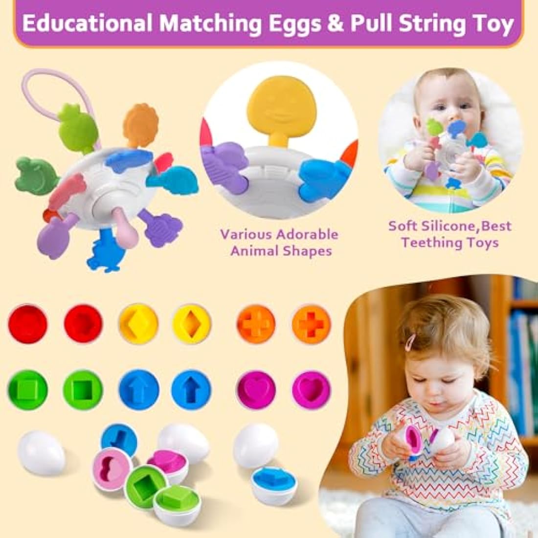Weilim Baby Toys for 6 to 12 Months, Montessori Babies, Sensory Bins Toddlers 1-3, Pull String Teether Infants Bath in 1 Stacking Blocks Rings, Matching Eggs, Suction Cup Spinner Toy