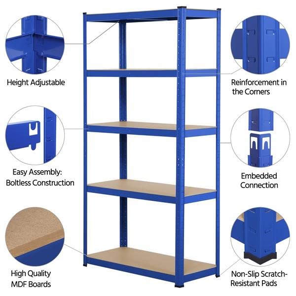 Yaheetech Garage Shelving Units - 5 Tier Heavy Duty Rack for Storage Metal Utility Shelves,180cm x 90cm x 40cm,175KG Per Shelf,Blue