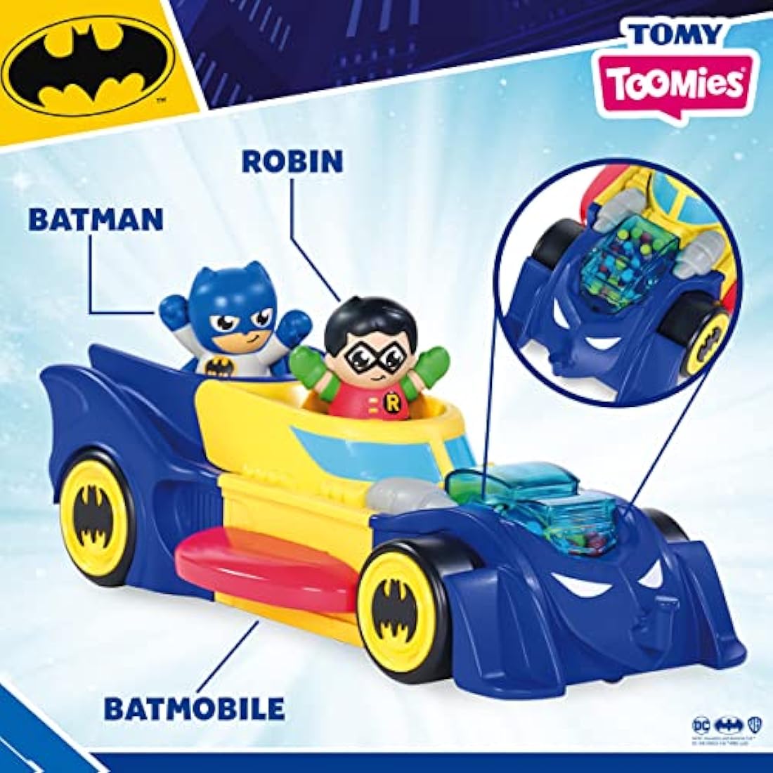 Toomies DC Comics BATMAN E73262 3 in 1 Batmobile from Vehicle Transforms into Mini Batmobile and Jet – Engine Popping Effect – Flywheel Drive Push Along – From 12 Months