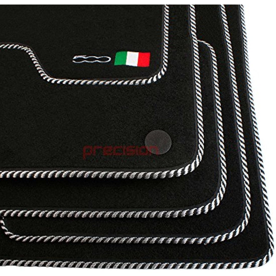 Precision Black Car Mats with 500 Logo & Silver Twist For Fiat 500 (2013-2020) - SSQ50064ST