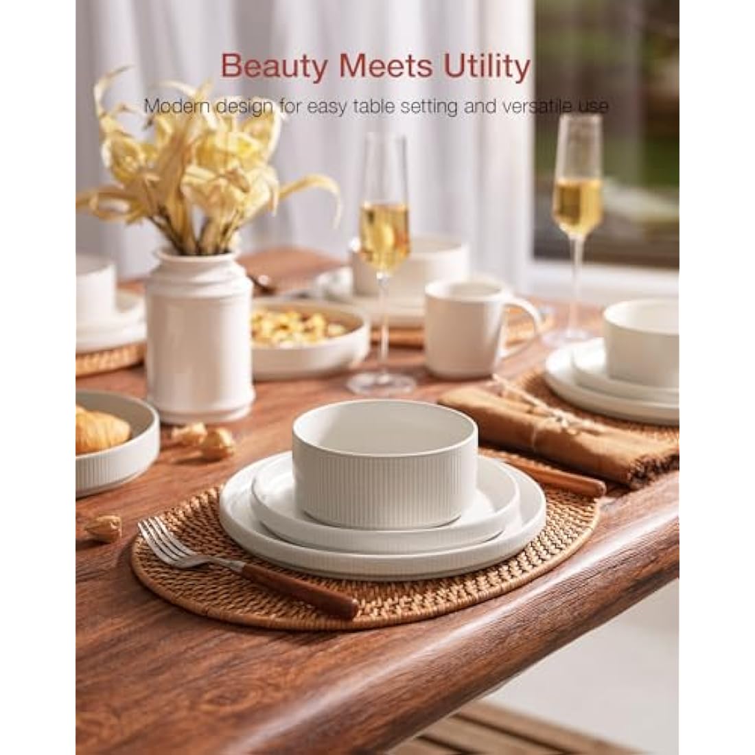 Richmount Star Plates and Bowls Set, 18 Pieces Dinner Sets for 6 People, Stoneware Dinnerware Sets with Dinner Plates/Salad Plate/Cereal Bowls, Dishwasher & Microwave Safe, Matte White