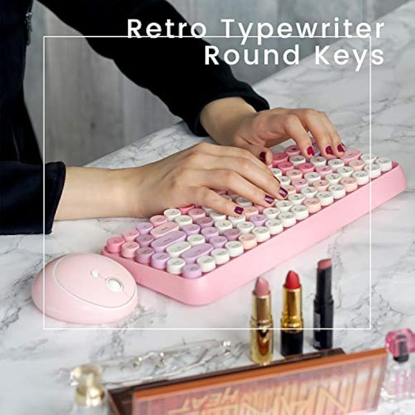Perixx PERIDUO-713 Wireless 2.4 GHz Cute Keyboard and Mouse Combo, Retro Round Key Caps, UK Layout, Pastel Pink