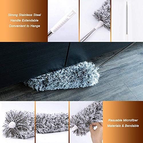 Feather Duster Extendable with Stainless Steel Extension Pole, 100 Inches Extra Long Telescopic Dusters, Microfiber Duster with Bendable Head for Cleaning Interior Roof, Cobweb, Ceiling Fan, Cars