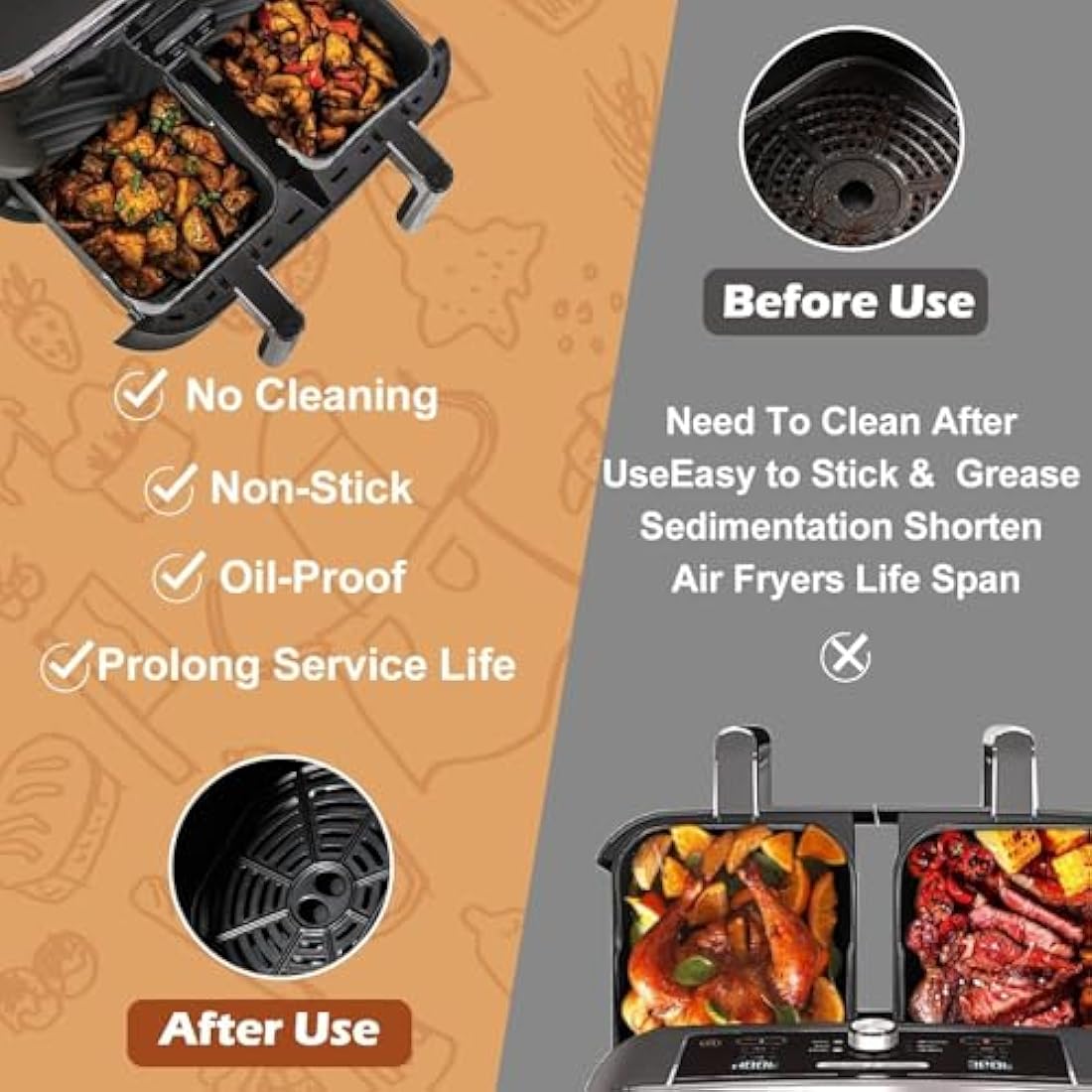 Silicone Air Fryer Liners for Ninja Foodi Air Fryer AF300UK, 2Pcs Ninja Foodi Dual Zone Air Fryer Accessories, Reusable Silicone Dual Basket Air Fryer Liner 7.6L