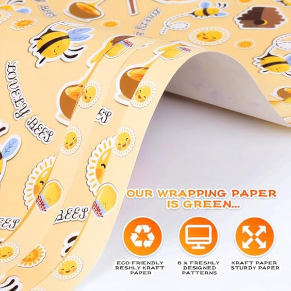 Wrapping Paper Bee Birthday Wrapping Paper Recycled & Recyclable Gift Wrap Birthday Paper ECO Gift Wrapping Paper Sheets for Girls Women Female,Present Wrapping Paper Set,Tag Ribbion