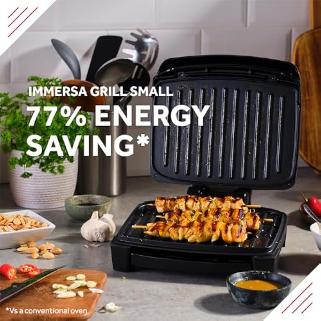 George Foreman Immersa Small Electric Grill [Removable Control Panel allows grill machine to be fully washable & dishwasher safe, Energy saving, Healthy, Toastie, Panini, Hot plate, BBQ] Black, 28300