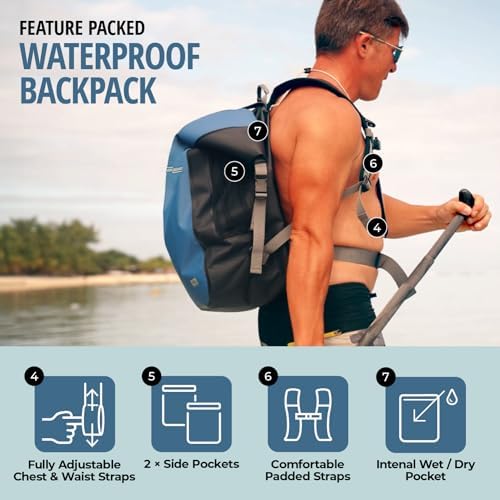 Overboard Explorer Waterproof Backpack Bundle | Roll Top Floating Dry Bag for Kayaking, Beach, Boating, Hiking, Rafting | Includes Waterproof Phone Case and Backpack Organiser