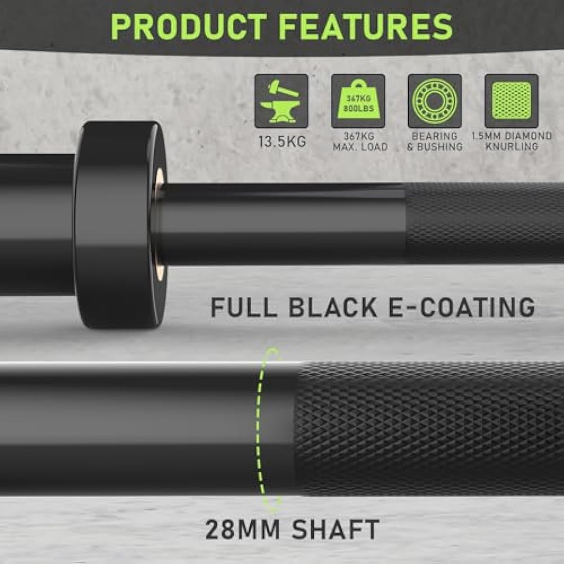 PhysKcal 4ft, 5ft, 6ft Barbell, Olympic EZ Curl Bar with Smooth Bushing & Bearing for 2'' Weight Plates, International Barbells for Press, Squat, Deadlift and Multiple Purposes