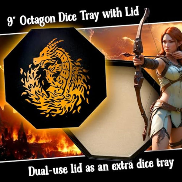Fantasydice- Fire Dragon - Dice Tray - 20CM Octagon with Lid and Dice Staging Area- Holds 5 Sets of Dice(7 / Standard) For All Tabletop RPGs Like D&D, Call of Cthulhu, Shadowrun. (Chromatic)