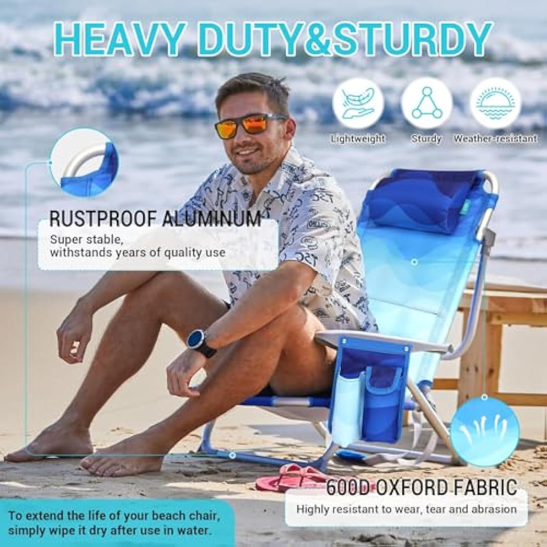 #WEJOY 4-Position Adjustable Beach Chair for Adults, Folding Low Camping Chairs Aluminum Lightweight & Portable, High Back Pillow Pocket Outdoor Reclining Garden Chair