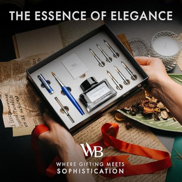 Wordsworth & Black Calligraphy Pen Gift Set, Includes Ink Bottle, 6 Ink Cartridges, Ink Refill Converter, 6 Replacement Nibs, Premium Package, Journaling, Smooth Writing Pens [Blue Chrome]