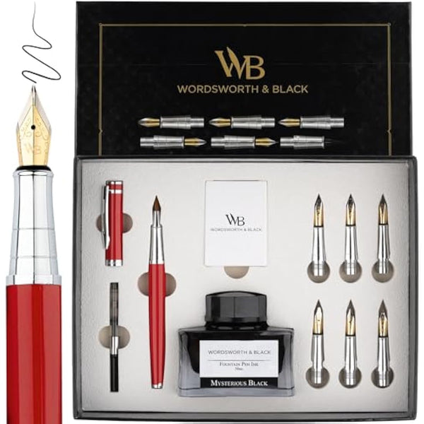 Wordsworth & Black Calligraphy Pen Gift Set, Includes Ink Bottle & 6 Ink Cartridges, Converter, 6 Replacement Nibs, Smooth Writing Premium Pens [Red Chrome]