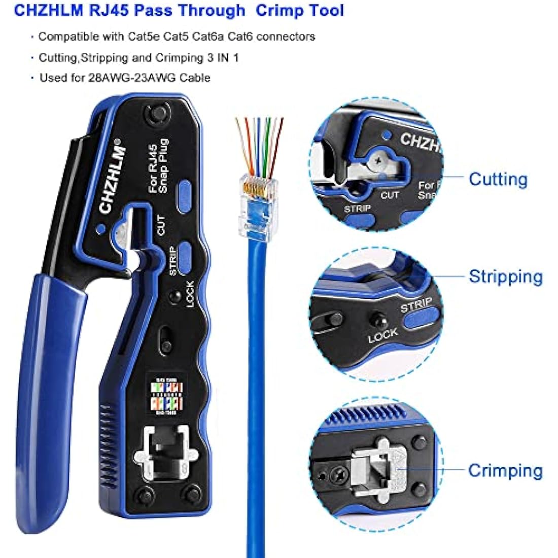 CHZHLM RJ45 Crimp Tool Kit All in One Pass Through Crimper Stripper Cutter for Cat5e Cat6 Cat6a Pass Through Connector with 50Pcs Connectors 50Pcs Covers Mini Stripper Pliers Tester