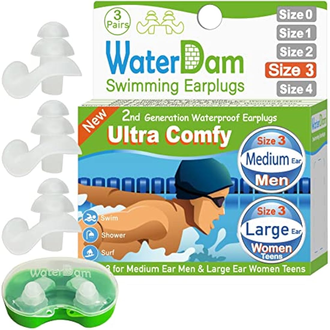WaterDam Swimming Ear Plugs - Ultra Comfy Waterproof Earplugs Prevent Swimmer's Ear (Medium & Large, Clear)