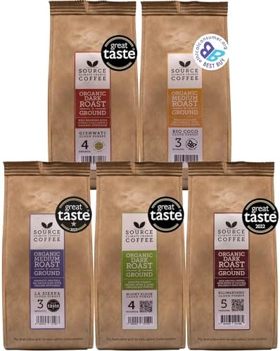 Organic Ground Coffee - Single Origin, Award-Winning Medium & Dark Roast Gift Set by Source Climate Change - Ethically Sourced, Traceable & Freshly Roasted Taste Collection, 4 x 227 Coffee Bags