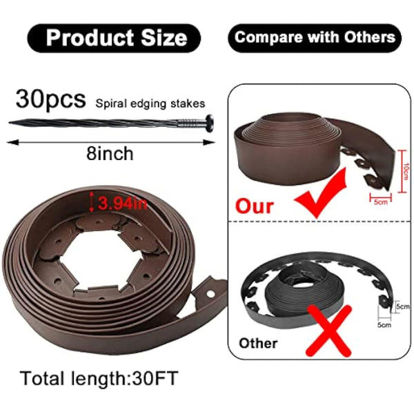 Lawn Edging Border 10m,Garden Edging Borders [Extra Tall 10cm High] with 30pcs Stakes,Flexible Landscape Edging,Mini Plastic Fence for Yard Flower Beds,Grass,Path -Brown