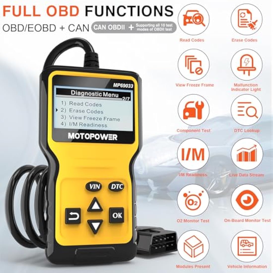 MOTOPOWER MP69033 OBD2 Scanner Universal Car Engine Fault Code Reader, CAN Diagnostic Scan Tool for All OBD II Protocol Cars