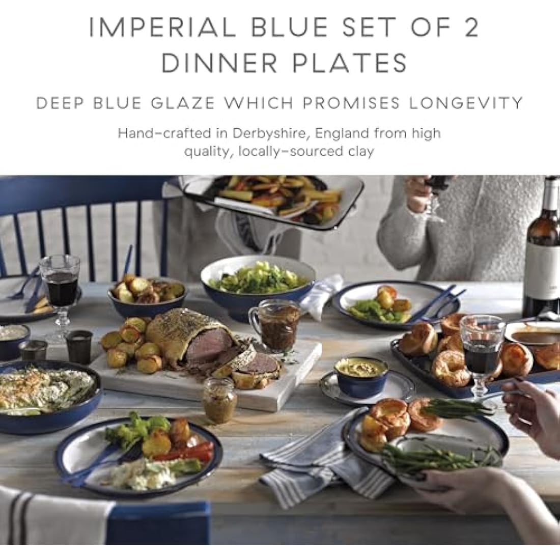 Denby - Imperial Blue Dinner Plates Set of 2 - Dishwasher Microwave Safe Crockery 26.5cm - Blue, White Ceramic Stoneware Tableware - Chip & Crack Resistant Large Plates