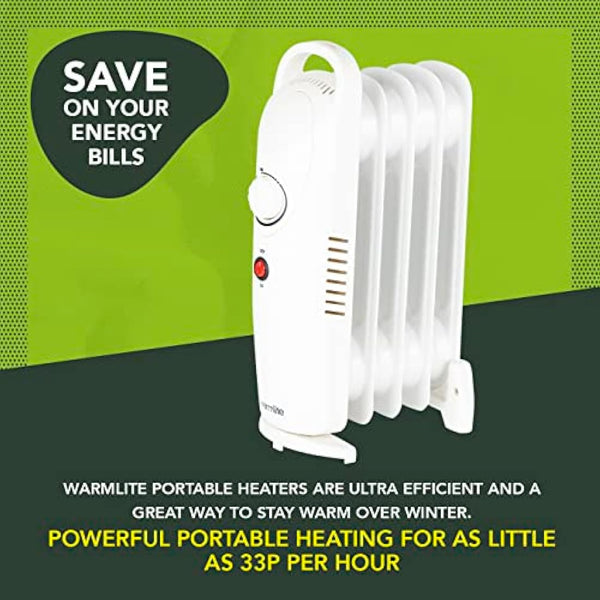 Warmlite WL43002YW 5 Fin Oil Filled Radiator with Adjustable Thermostat and Overheat Protection, 650W, White
