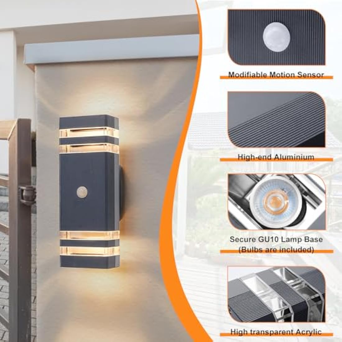 CELAVY Up Down Outside Lights with Motion Sensor, PIR Outdoor Wall Light Mains Powered, IP65 Front Door Porch Light Electric, Security LED External Exterior Lighting Wall Mounted 2 Pack, Dark Grey