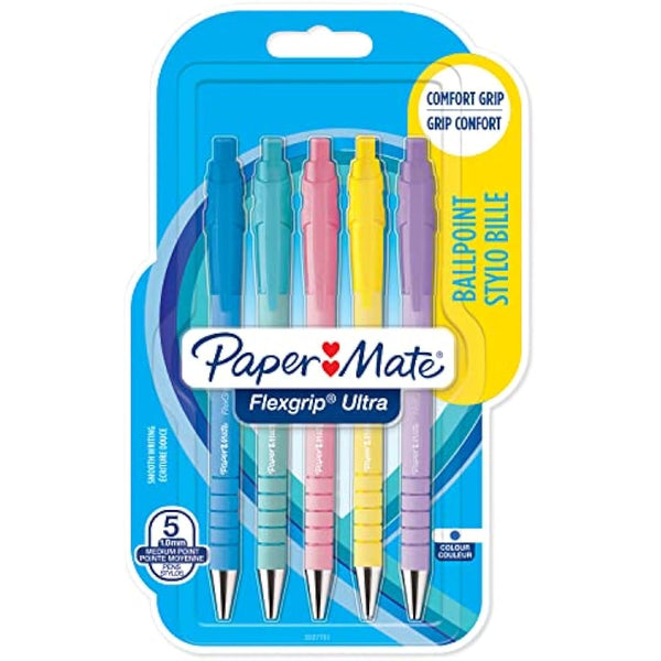 Paper Mate Flexgrip Ultra Pastel Ballpoint Pens | Medium Point (1.0mm) | Blue Ink | Pastel Barrels | 5 Count