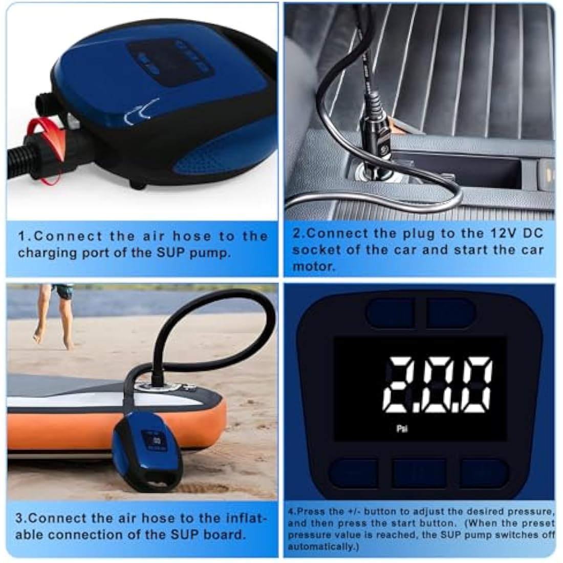 Sup Electric Pump,20psi Electric Paddle Board Pump with 5 Nozzles,Smart Inflation Auto-Off, Digital Adjustable LCD Function,12V Electric Pumpe for Sup and Inflatable Kayaks (Dark Blue)