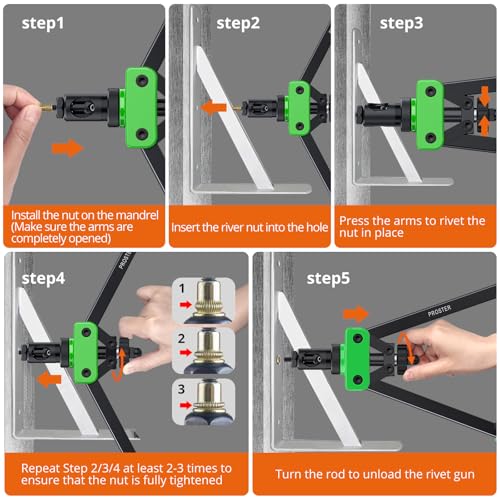 Proster Rivet Nut Tool 14" Heavy Duty Hand Rivet Nut Gun with 6pcs Metric Mandrels 150 PCS M3 M4 M5 M6 M8 M10 Nut Riveter Nut Thread Setter Kit with Storage Box Green