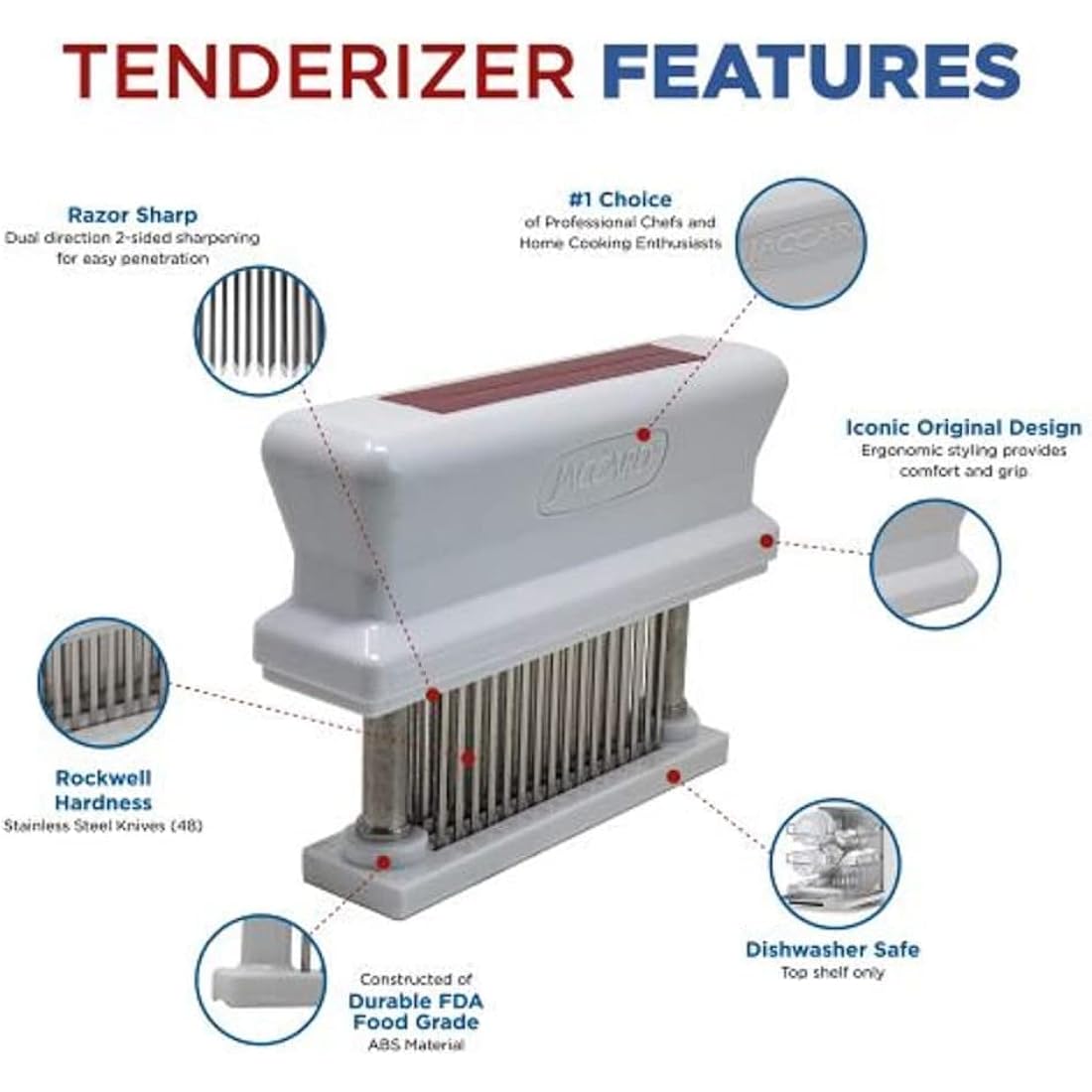 Jaccard 200348R, 48 Blade Durable Meat Tenderizer with Stainless Steel Razor Sharp Needle, Cooking Gadget for Tenderizing Chicken, Beef, Pork, Veal, BBQ, Red