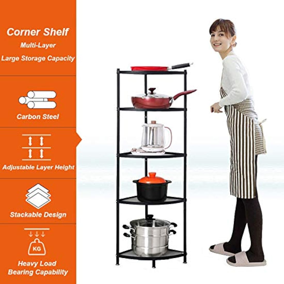 CarolynDesign Kitchen Corner Shelf Stand - Height Adjustable Storage Rack, Countertop Pot Holder, Stackable Multi-Layer Freestanding Metal Storage, Black (5-Tier)