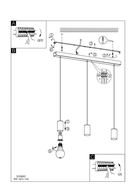 EGLO Pendant lighting Pozueta, 3 bulbs ceiling light fitting made of black steel, vintage and industrial style hanging lamp for dining and living