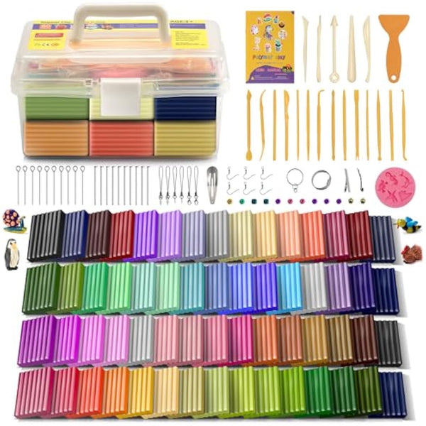 Polymer Clay 60 Colors, Modeling Clay for Kids DIY Starter Kits, Oven Baked Model Clay, Non-Toxic, Non-Sticky,with Sculpting Tools, Gift for Children and Artists.