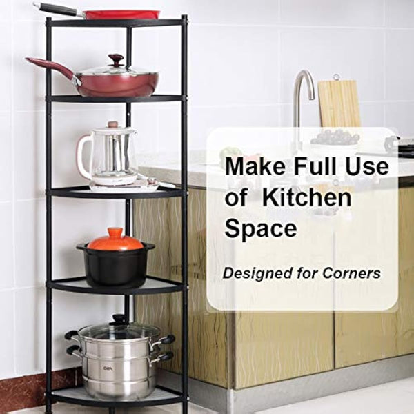 CarolynDesign Kitchen Corner Shelf Stand - Height Adjustable Storage Rack, Countertop Pot Holder, Stackable Multi-Layer Freestanding Metal Storage, Black (5-Tier)