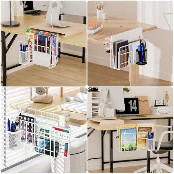 THYGIFTREE Desk Side Storage, Vertical Laptop Stand, Laptop Holder Desk with Pen Holder, Clamp on Shelf (WHITE)